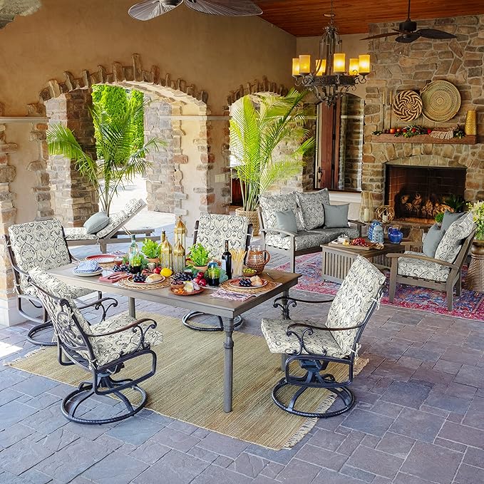 Arden Outdoor Dining Chair Cushion, 20 in x 20 in, Weather-Proof, Rain-Proof, Fade Resistant Patio Cushion for Patio, Dining, or Rocking Chairs 20 x 20, Neutral Aurora Damask