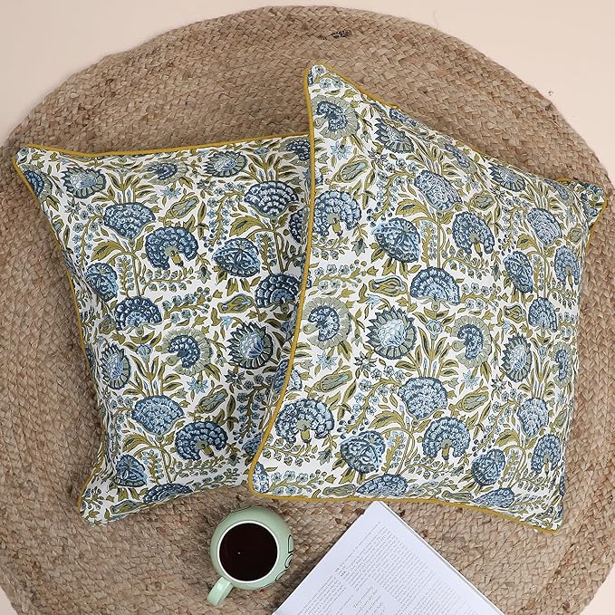 SheetKart Pure Cotton Throw Pillow Covers - Set of 2 - Hand Block Pure Cotton Printed Boho Decorative Pillow Covers - Cushion Covers for Living Room, Bohemian Theme, 18 x 18 Inches, Midnight Olive