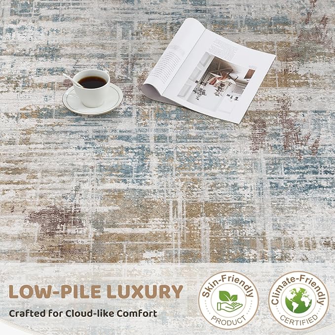 8ft Round Area Rug for Living Room: 8x8 Washable Neutral Abstract Modern Soft Rugs Non Slip Indoor Floor Stain Resistant Carpet for Bedroom Dining Room Office Nursery - Blue Brown