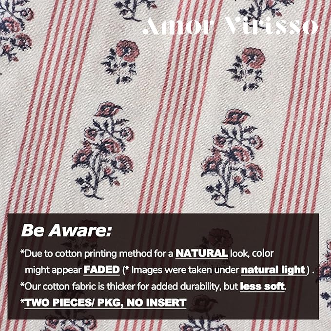 Amor Virisso Floral Throw Pillow Covers 18x18 Set of 2 Block Print Pillow Covers Neutral Floral Striped Farmhouse Decorative Pillow Covers for Sofa Couch Bed, Red
