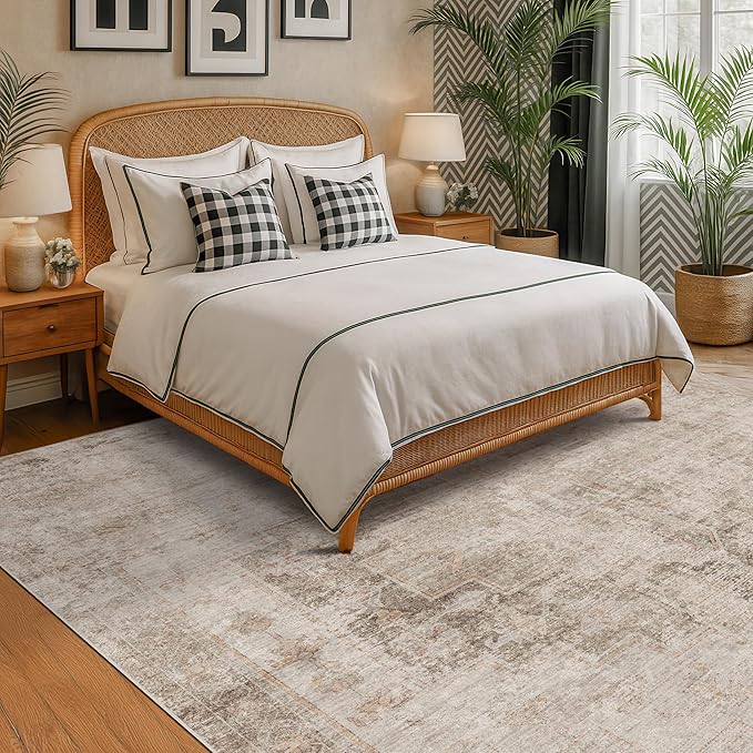 Tan Rugs for Living Room - 10x12 Vintage Large Floor Carpet Rug for Dining Room Under Table, Washable Non Slip with Rubber Backed