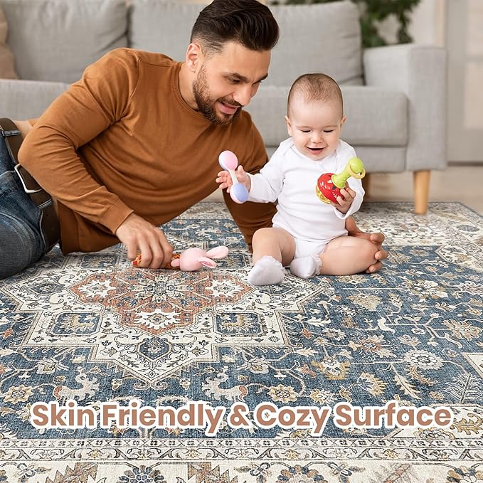 Vintage Living Room Area Rug 10x12 - Large Soft Washable Oriental Traditional Distressed Farmhouse Rugs for Bedroom - Indoor Floor Accent Carpet for Home Office House Decor - Vintage Blue