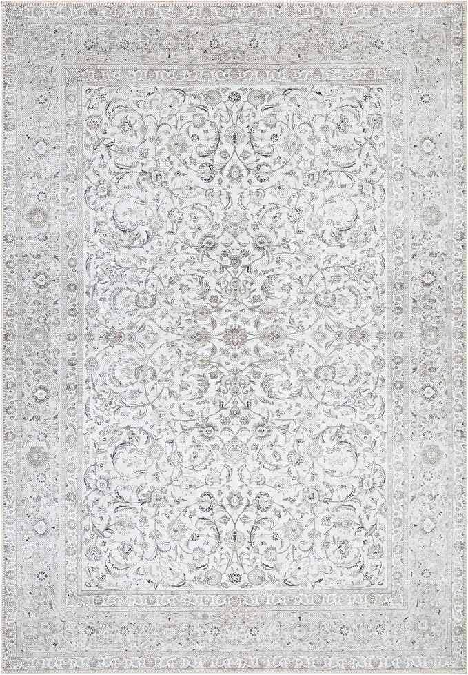 Bloom Rugs Washable Non-Slip 6' x 9' Rug - Beige/Off White Traditional Bordered Area Rug for Living Room, Bedroom, Dining Room, and Kitchen - Exact Size: 6' x 9'