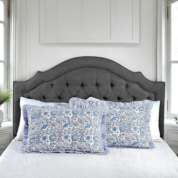 CPC Indigo Blue 100% Cotton Block Print Ruffle Sham Cover 20X36 inch Pack of 2, Handmade Boho Floral Pillowcase, Soft Decorative King Bed Pillow Cover for Bedroom Décor