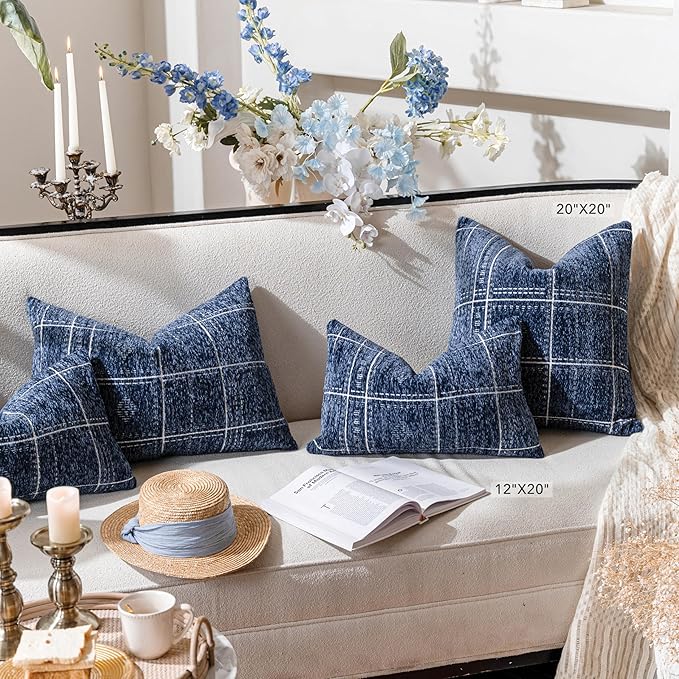 BlissBlush Dark Blue Decorative Throw Pillow Covers 18X18, Set of 2, Boho Farmhouse Cushion Cover, Cozy Soft Accent Pillowcase for Couch Sofa Bed Living Room Home Décor