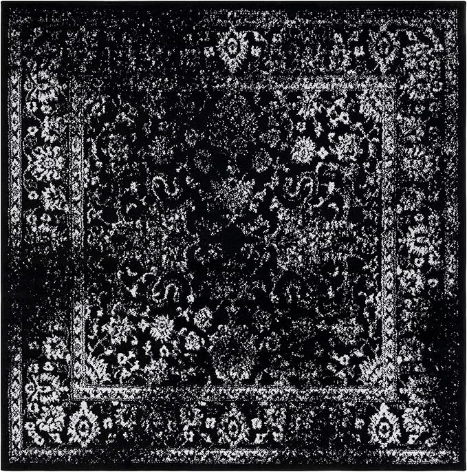 SAFAVIEH Adirondack Collection Area Rug - 4' Square, Black & Ivory, Distressed Vintage Floral Design, Non-Shedding & Easy to Clean, Ideal for Living Room, Bedroom, Dining (ADR109Z)