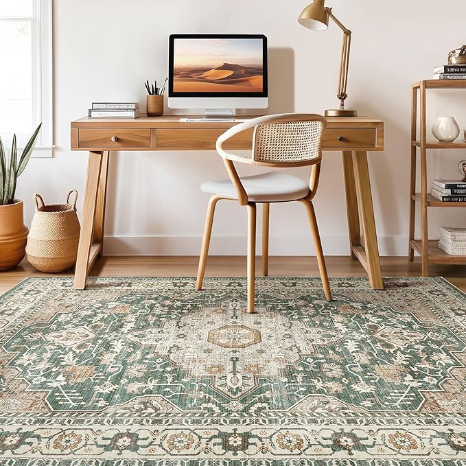 12x15 Area Rug Living Room: Machine Washable Boho Large Vintage Soft Rugs Stain Resistant Farmhouse Oriental Non Slip Indoor Floor Carpet for Bedroom Nursery Kids Playroom Office Dining Room- Green