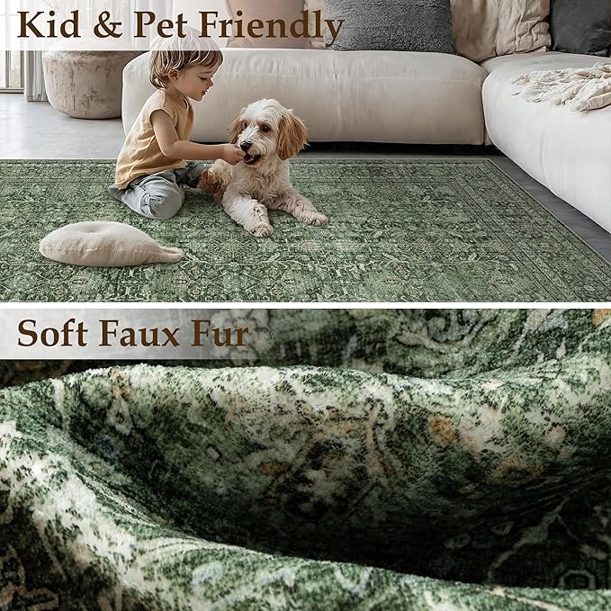 Green Area Rug 4x6 Washable Office Entryway Carpet Soft Vintage Indoor Kitchen Living Room Door Mat Traditional Retro Distressed Thicker Throw Small Rug Bedroom Dining Room Bathroom