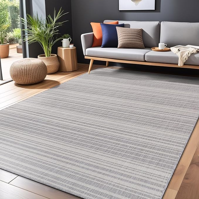 Stripe Outdoor Rug 8x10 Washable Outside Carpet for Indoor Patio Porch Waterproof Easy Cleaning Non Shedding Area Rugs Gray 8 x 10