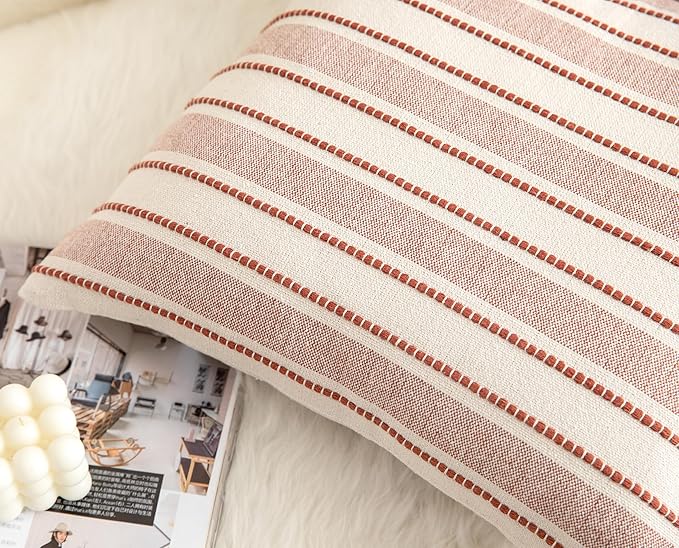 Decorative Boho Throw Pillow Covers, Farmhouse Textured Pillow Case, 22 x 22 Inch Set of 2, Chair Sofa Bedroom Living Room Home Decor Couch Cushion Case, Rust and Beige Striped