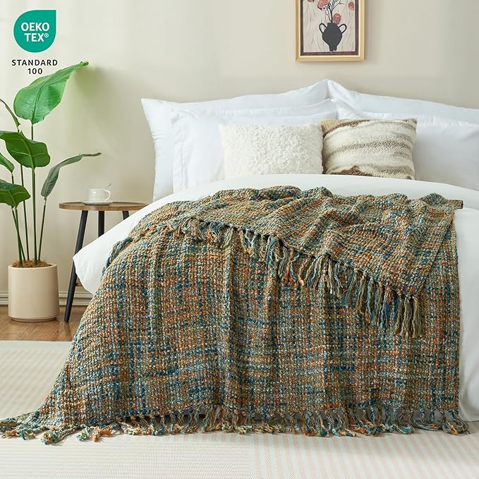 Multi-Color Gold Green Cable Knitted Throw Blanket for Couch,50"X60" Boho Style Textured Blankets for Home Decor,Super Soft Warm Cozy Chunky Knit Blanket with Decorative Tassels for Bed