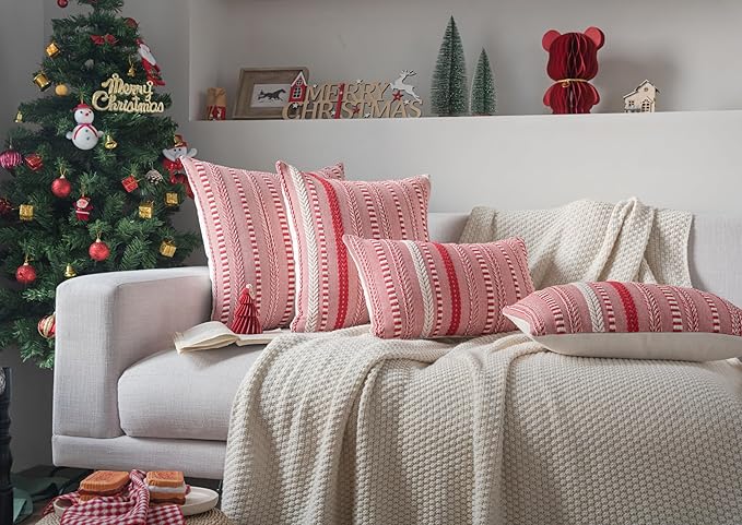 Christmas Pillow Covers 20x20 Inch Set of 2, Farmhouse Boho Christmas Decorative Couch Pillow Cases, Red Accent Pillows of Bed, Sofa Bedroom Living Room Home Decor Cushion Cover