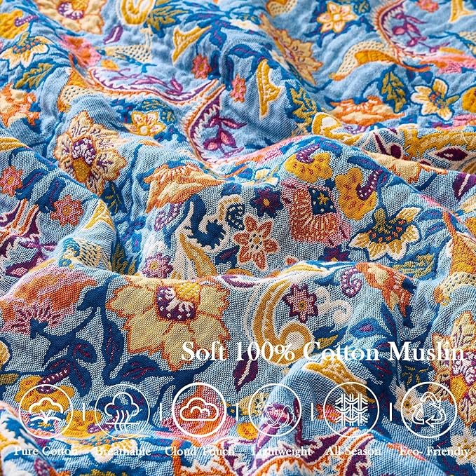 Blue Orange Fall Blanket 50"x 60" Boho Throw Blankets for Couch Bed Chair, 100% Cotton Quilts Warm Soft Blanket Muslin Bed Blankets Home Decor Farmhouse Warm Throws Gifts for Women Mom