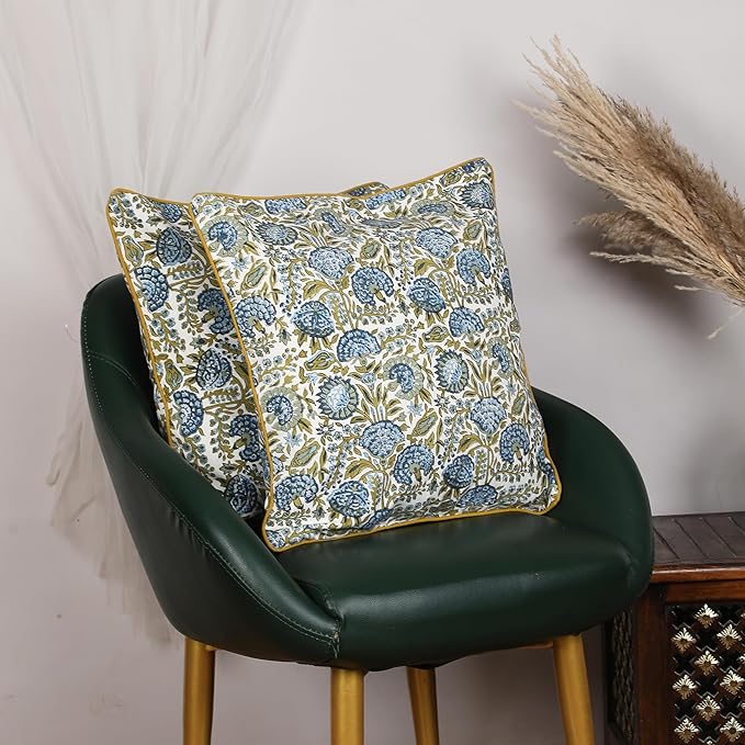 SheetKart Pure Cotton Throw Pillow Covers - Set of 2 - Hand Block Pure Cotton Printed Boho Decorative Pillow Covers - Cushion Covers for Living Room, Bohemian Theme, 19 x 19 Inches, Midnight Olive