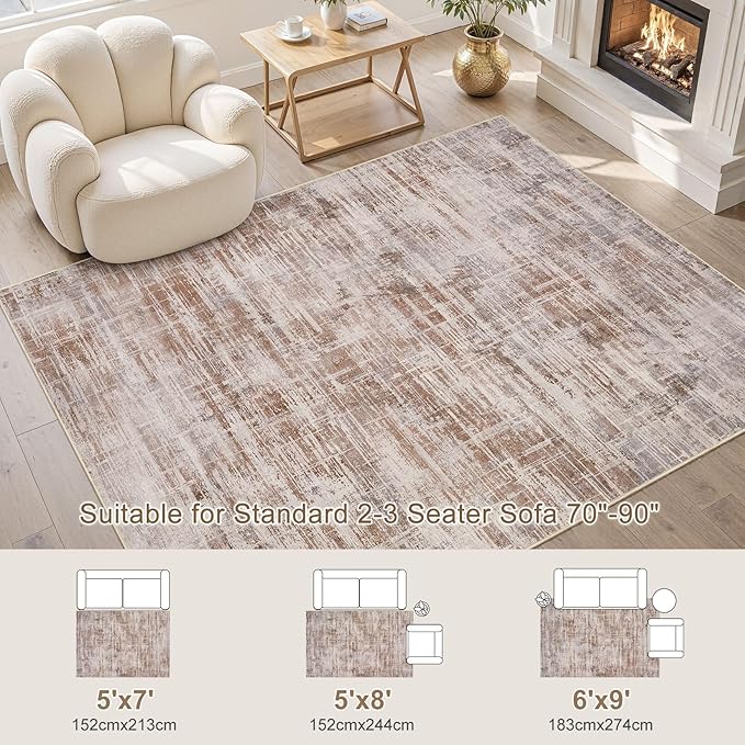 Area Rug for Living Room: 5x7 Washable Neutral Abstract Modern Soft Rugs Non Slip Indoor Floor Stain Resistant Carpet for Bedroom Dining Room Office Nursery - Red Brown