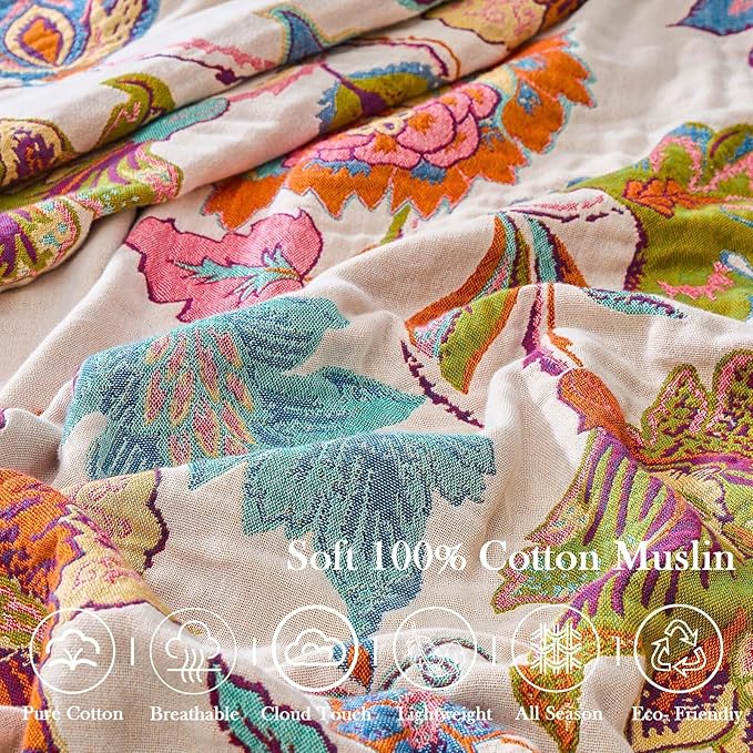 Summer Throw Blanket for Bed, 80"x90" Boho Throw Blankets 100% Cotton Quilts Farmhouse Decoration Warm Soft Blanket Muslin Bed Blankets for Couch Chair
