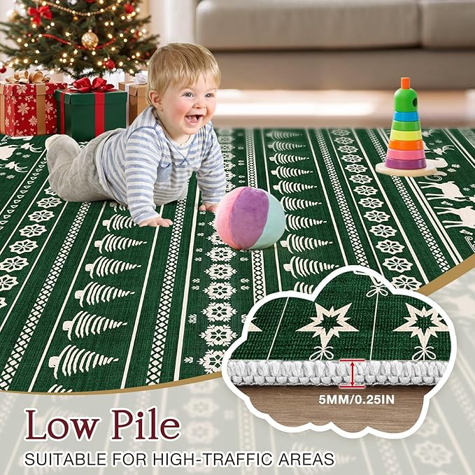 Abstract Living Room Rug 5X7 - Modern Washable Christmas Soft Thin Area Rug for Living Room Bedroom Under Dining Table - Neutral Indoor Floor Rug Carpets for Home Office Playroom Nursery - Dark Green