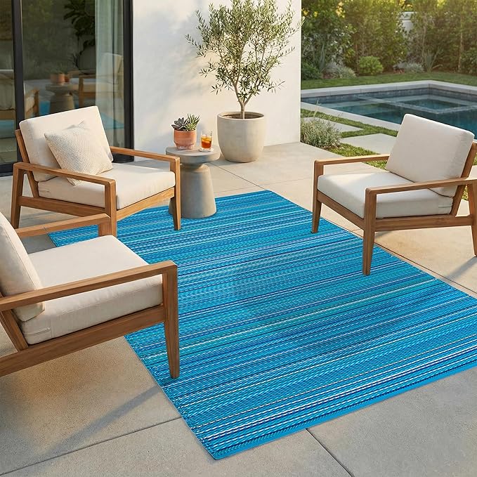FH Home Outdoor Rug - Waterproof, Fade Resistant, Reversible - Premium Recycled Plastic - Striped - Porch, Deck, Balcony, Mudroom, Laundry Room, Patio - Havana - Turquoise Crease Free - 3 x 5 ft