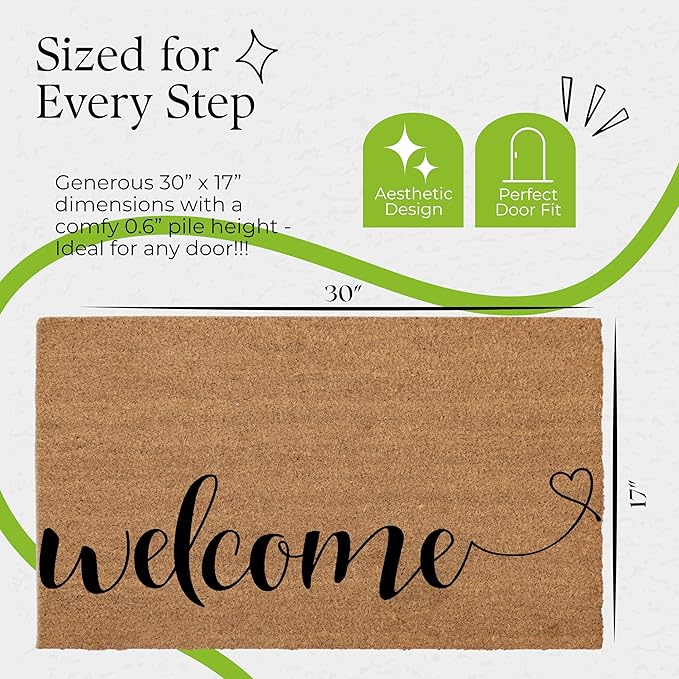 Coir Door Mats 17" X 30", Non-Slip Sturdy, PVC Backed Heavy Duty, Easy to Clean, Ideal for Door Entrance, Patio, Porch, Backyard, Garages, Welcome with Love