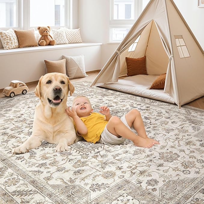 Vintage Living Room Area Rug 6x9 - Large Soft Washable Oriental Traditional Distressed Farmhouse Rugs for Bedroom - Indoor Floor Accent Carpet for Home Office House Decor - Light Brown