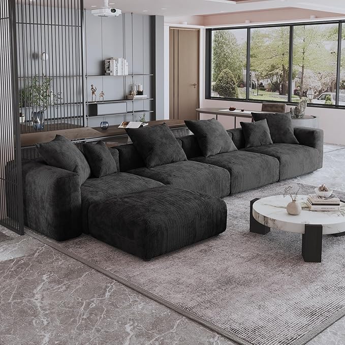 JACH 181" Oversized Modular Sectional Sofa, Deep 4-Seats Sectional Couch with Chaise Ottoman, Huge Plus Convertible Soft Sofas, Corduroy Minimalist Couches for Living Room, Office, Apartment, Black