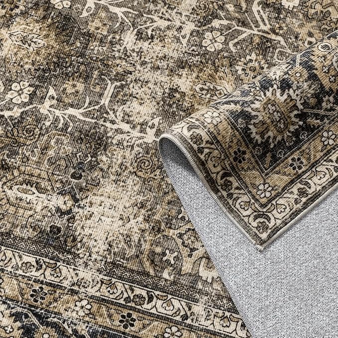 Vintage Area Rug 10x14 Brown Washable Living Room Large Carpet Non Slip Bedroom Indoor Office Low Pile Traditional Distressed Retro Accent Rug for Dining Room
