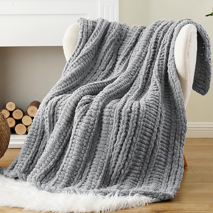 Battilo Light Grey Chunky Knit Throw Blanket for Couch, Thick Warm Cozy Soft Chenille Throw Blanket, Handmade Cable Knit Blanket for Sofa,Bed, Living Room, 50"x60"