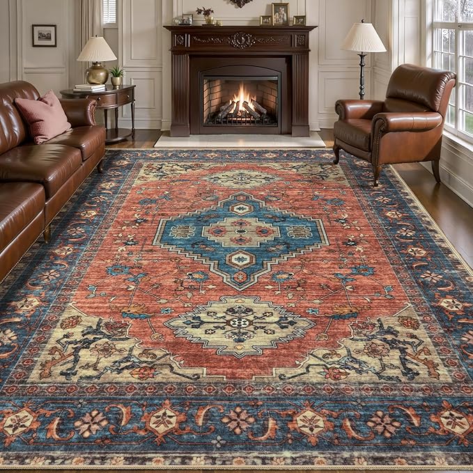 Tangsoo 8x10 Area Rugs for Living Room, Washable Rugs Oriental Vintage Indoor Non Slip Large Area Rugs, Print Carpet, Soft Low Pile Rug Foldable Floor Rug for Bedroom Dining Room Dorm Terracotta