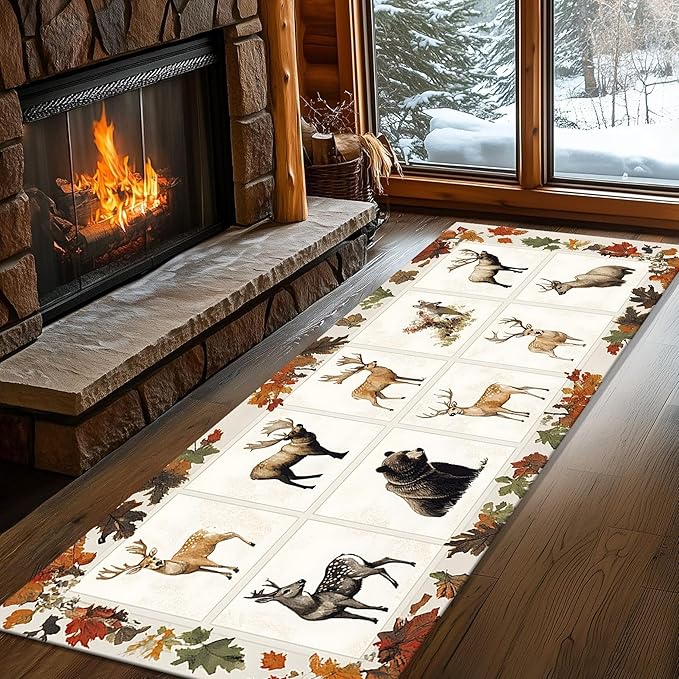 Beige Checkered Maple Bear Elk Hallway Rug 2x4ft Bohemian Vintage Floor Mat for Nursery Farmhouse, Foldable Anti-Fatigue Rug with Crushed Leaf Pattern