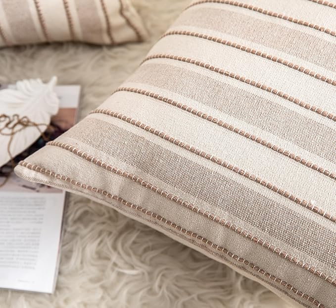 Decorative Boho Throw Pillow Covers, Farmhouse Textured Pillow Case, 20 x 20 Inch Set of 2, Chair Sofa Bedroom Living Room Home Decor Couch Cushion Case, Taupe and Beige Striped