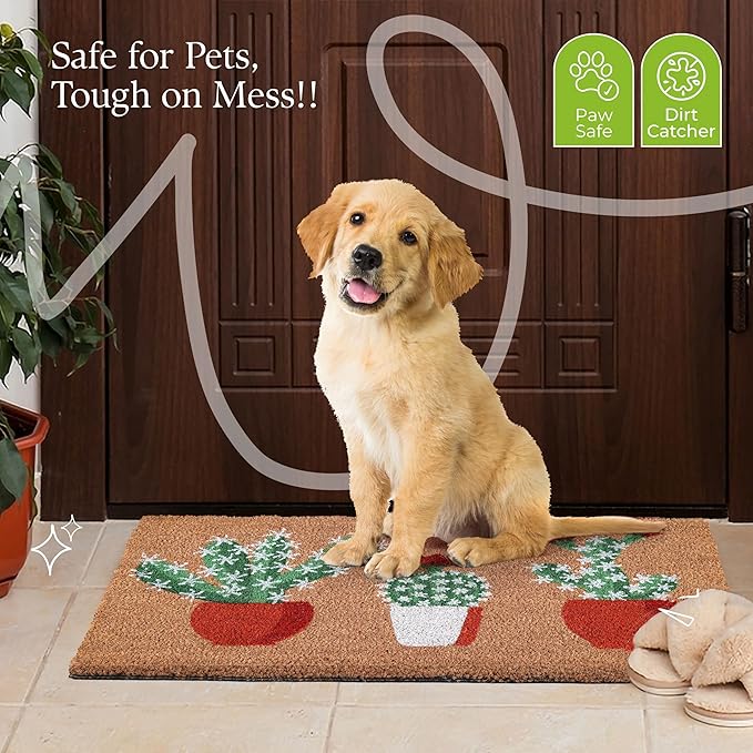 Coir Door Mats 17" X 30", Non-Slip Sturdy, PVC Backed Heavy Duty, Easy to Clean, Ideal for Door Entrance, Patio, Porch, Backyard, Garages, Sparkling Cactus