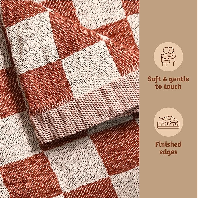 Folkulture 100% Cotton Throw Blanket, Rust Checks, 50x60in, Soft, Lightweight, Travel, Napping, All Seasons, Machine Wash