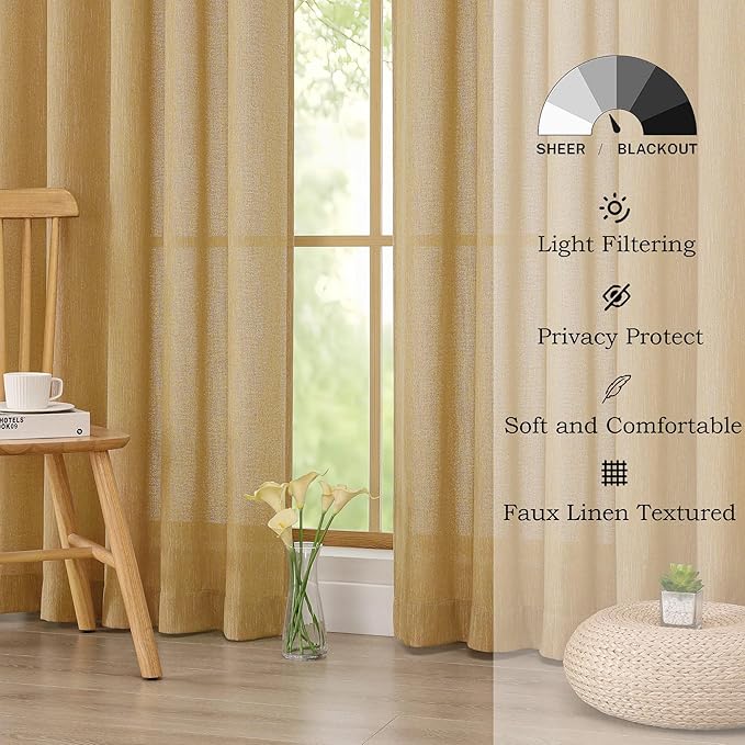 Simplebrand Gold Faux Linen Textured Semi Sheer Curtains 72 Inches Long 2 Panels Set, Light Filtering Privacy Farmhouse Curtains, Soft Window Drapes Rod Pocket Top for French Door, Bedroom, 40W x 72L
