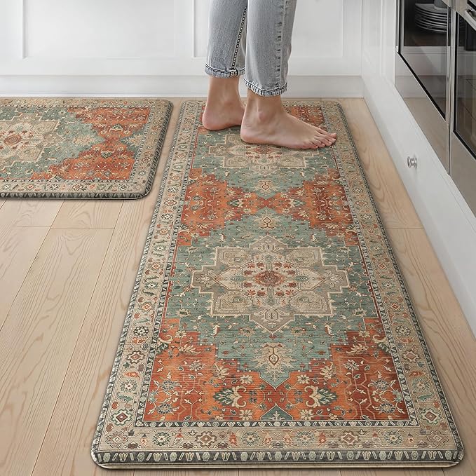 GENIMO Kitchen Mats for Floor 2PCs, Washable Anti Fatigue Mat for Cushioned, 17.3"x47"+17.3"x30", Waterproof Kitchen Rugs, Non Slip Comfort Standing Mat Rug for Home, Sink, Laundry, Multi