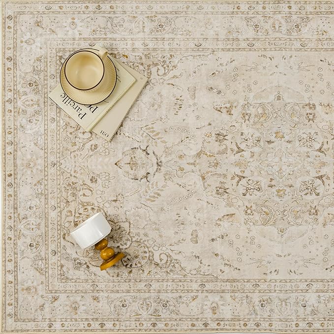 Brown 8x10 Area Rug Washable Vintage Carpet for Living Room Bedroom Large Soft Retro Floral Low Pile Thin Indoor Rug Non Slip Central Medallion Floor Cover for Dining Room Office