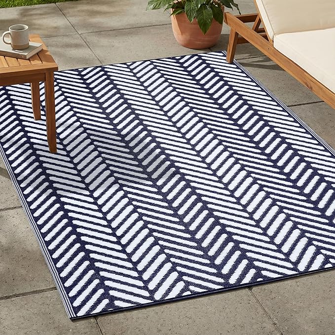 FH Home Outdoor Rug - Waterproof, Fade Resistant, Reversible - Premium Recycled Plastic - Herringbone - Patio, Porch, Deck, Balcony - Fresno - Navy Crease Free - 5 x 8 ft