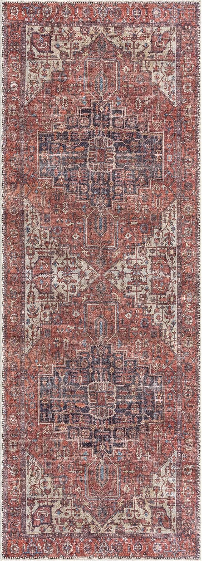 Bloom Rugs Washable 10 ft Runner - Red/Orange/Beige Traditional Runner for Entryway, Hallway, Bathroom, and Kitchen - Exact Size: 2.5' x 10'