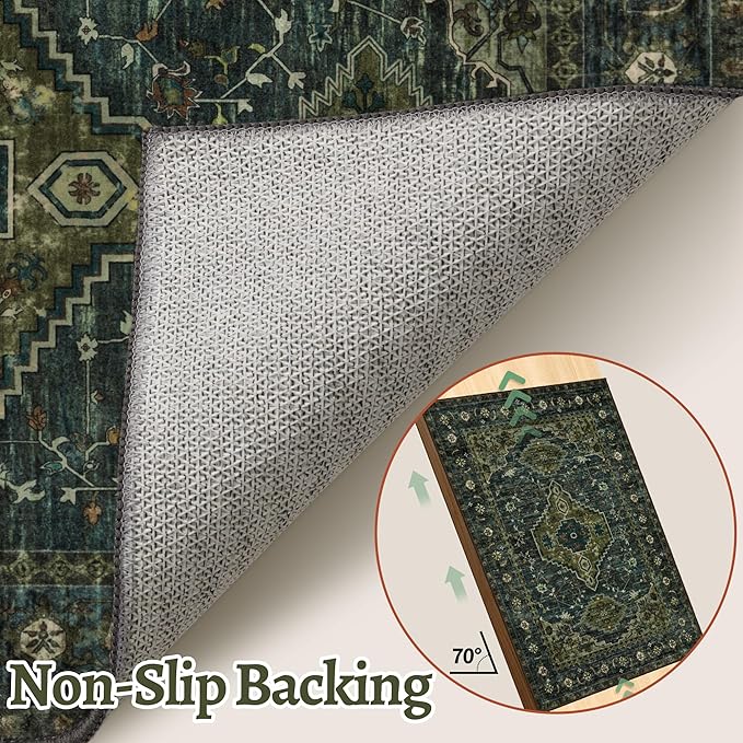 Tangsoo 6x9 Area Rug Washable Rug for Living Room, Vintage Indoor Non Slip Large Area Rugs, Print Distressed Carpet, Soft Low Pile Foldable Floor Rug for Bedroom Dining Room Dorm Olive Green