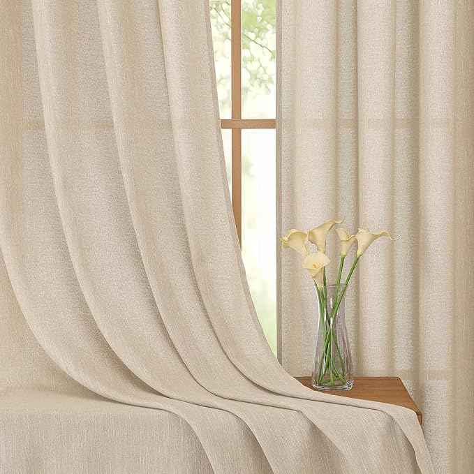 Simplebrand Natural Faux Linen Textured Semi Sheer Curtains 96 Inches Long 2 Panels Set, Light Filtering Soft Thick Farmhouse Curtains Window Treatment for Bedroom/Living Room, 50 x 96 Inch