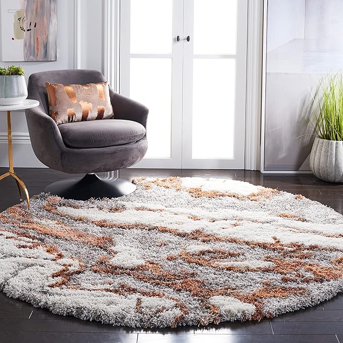 SAFAVIEH Horizon Shag Collection Area Rug - 8' Round, Grey & Rust, Modern Abstract Design, Non-Shedding & Easy Care, 2-inch Thick Ideal for High Traffic Areas in Living Room, Bedroom (HZN890P)