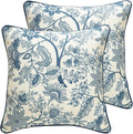 ISAENNE Design Linen Square Throw Pillow Covers 18"x18" Pack of 2, French Country Cushion Covers with Blue Toile de Jouy Floral Pattern Decoration Pillowcases for Bed, Living Room, Outdoor, Car