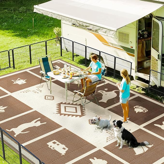 FXW Camping Rug, 10' x 14' Large Waterproof Portable RV Mat, Easy-to-Clean Straw Plastic Mat for Outdoor, Patio, Backyard, Deck, Picnic, Beach, Trailer, Brown & Beige