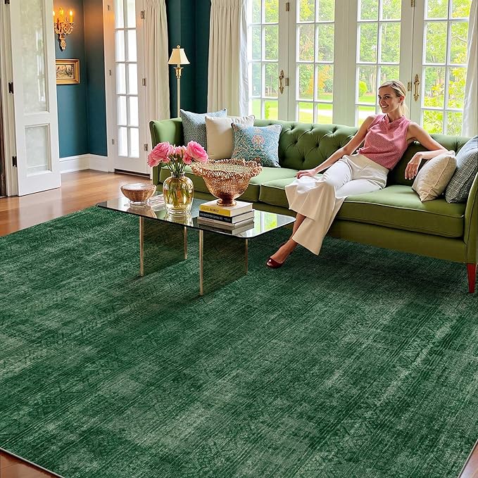 Kokia Abstract Area Rugs 8x10 Bedroom Soft Living Room Rugs Washable Distressed Vintage Comfy Carpet with Non-Slip Backing for Farmhouse Home Office Room Decor, Green Rug, Oslo Jungle