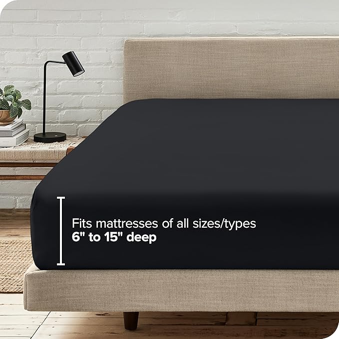 Bare Home Fitted Bottom Sheet Queen - Premium 1800 Microfiber - Ultra-Soft Wrinkle Free - Deep Pocket - Fitted Sheet (Queen, Black)