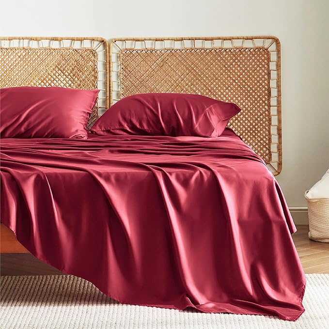 Bedsure Queen Sheet Set, Rayon Derived from Bamboo, Cooling Sheets, Breathable & Soft, Deep Pocket Up to 16 Inches, Hotel Luxury Silky Bedding for Hot Sleepers, Burgundy