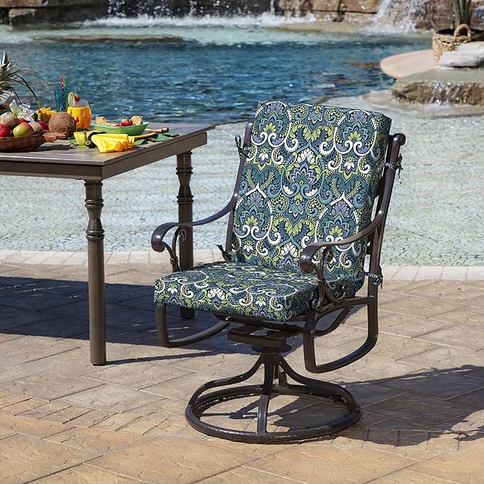 ARDEN Outdoor Dining Chair Cushion, 20 x 20, Rain-Proof, Fade Resistant, Sapphire Aurora Blue Damask