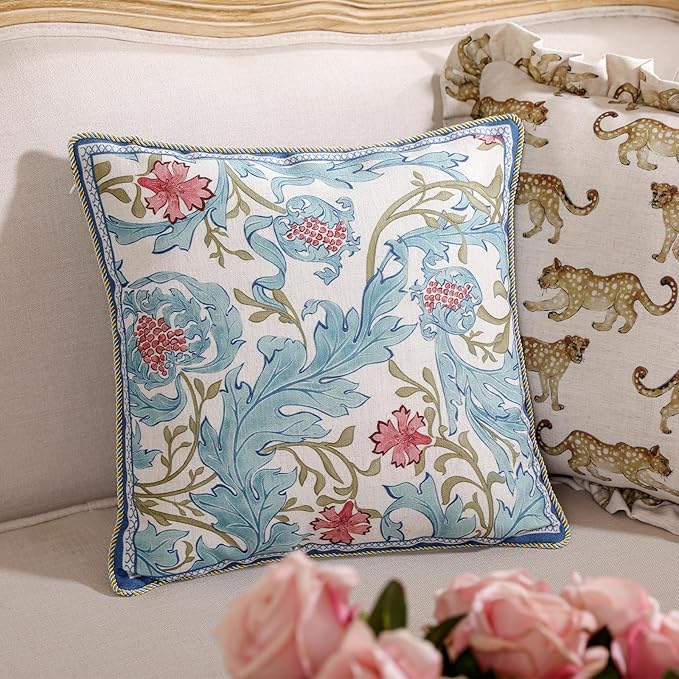 patdrea Designer Throw Pillow Covers for Couch 18"x18",Vintage Luxury French Linen Pillows Cover with Blue Floral Pattern,Farmhouse Decorative Square Pillowcases for Bed,Living Room,Outdoor,car