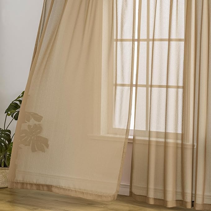 MAIHER Khaki Pinch Pleat Curtains 96 Inches Long Light Filtering Sheer Drapes for Bedroom Farmhouse Soft Touch Lightweight Pleated Drapes with Adjustable Hooks, Khaki, 42" W x 96" L, 2 Panels