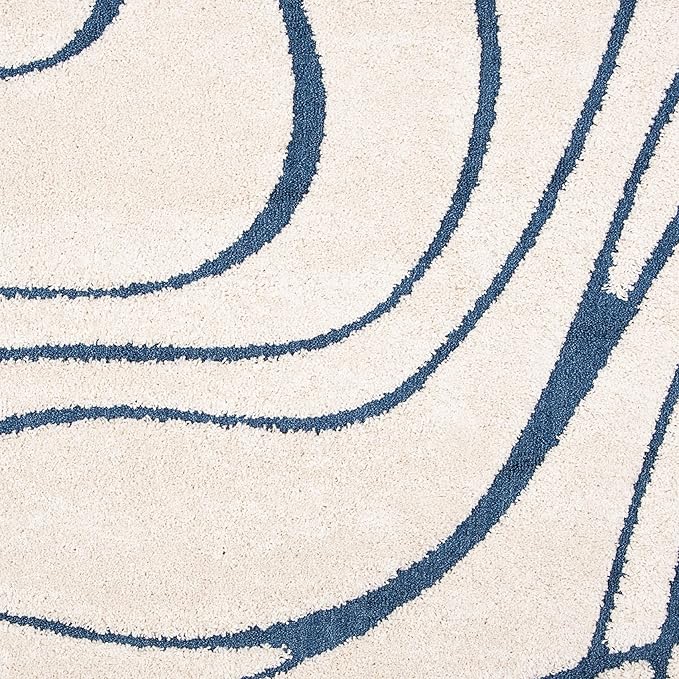 SAFAVIEH Florida Shag Collection 6'7" Round Cream/Blue SG471 Abstract Wave Non-Shedding Living Room Bedroom Dining Room Entryway Plush 1.2-inch Thick Area Rug