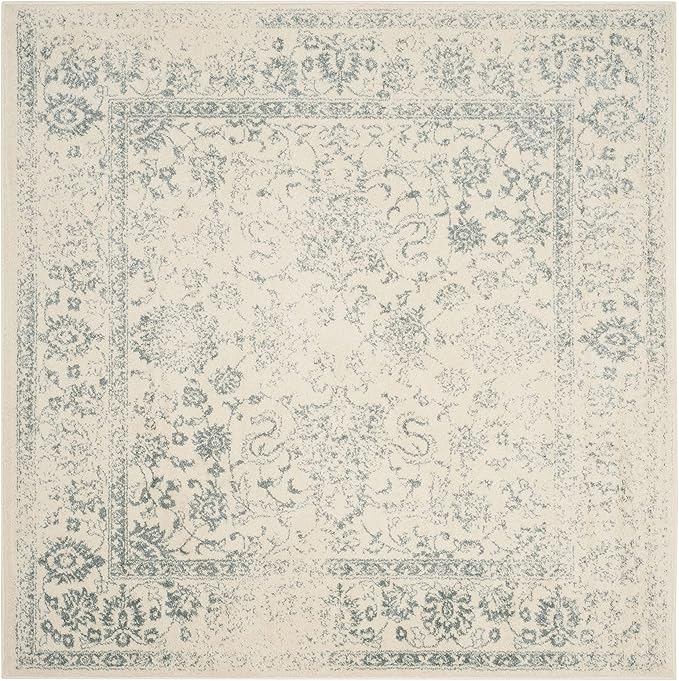 SAFAVIEH Adirondack Collection Area Rug - 8' Square, Ivory & Slate, Distressed Vintage Floral Design, Non-Shedding & Easy to Clean, Ideal for Living Room, Bedroom, Dining Space (ADR109S)